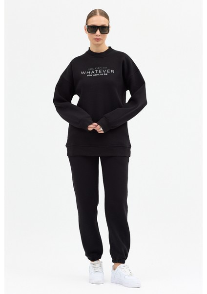 Kadın Whatever Baskılı Bisiklet Yaka Paçası Lastikli Oversize Eşofman Takımı