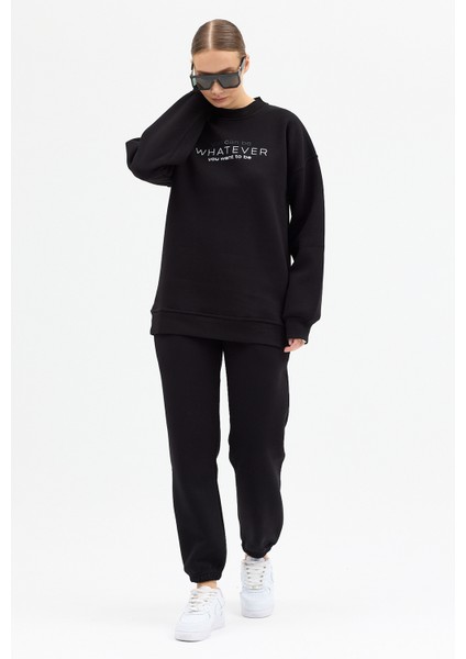Kadın Whatever Baskılı Bisiklet Yaka Paçası Lastikli Oversize Eşofman Takımı fiyatları