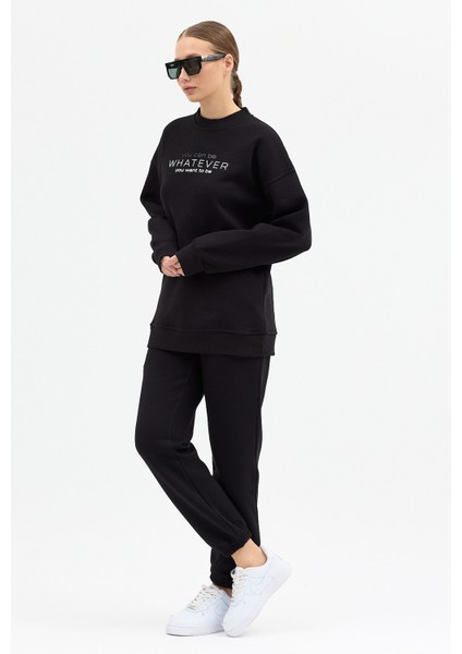 Kadın Whatever Baskılı Bisiklet Yaka Paçası Lastikli Oversize Eşofman Takımı modelleri