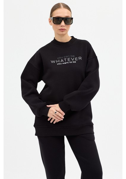 Kadın Whatever Baskılı Bisiklet Yaka Paçası Lastikli Oversize Eşofman Takımı indirimleri