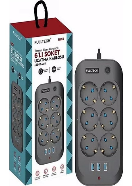 Termal Akım Korumalı, Çocuk Korumalı, 6’lı 2 mt Uzatma Kablosu 6 x Priz, 3 x USB modelleri