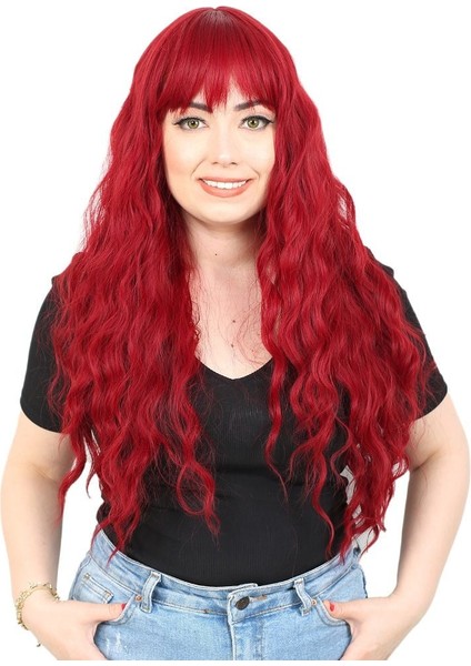 Perçemli Uzun Su Dalgası Fiber Sentetik Peruk / Kızıl