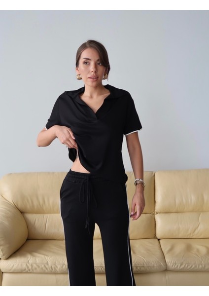 Kadın Maribel Pamuklu Modal Kumaş Polo Yaka Bluz-Pantolon Ikili Alt-Üst Takım, 4 Mevsim Günlük Takım fırsatları