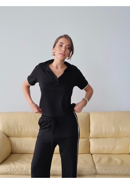 Kadın Maribel Pamuklu Modal Kumaş Polo Yaka Bluz-Pantolon Ikili Alt-Üst Takım, 4 Mevsim Günlük Takım indirimleri