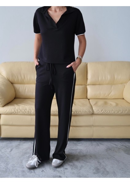 Kadın Maribel Pamuklu Modal Kumaş Polo Yaka Bluz-Pantolon Ikili Alt-Üst Takım, 4 Mevsim Günlük Takım