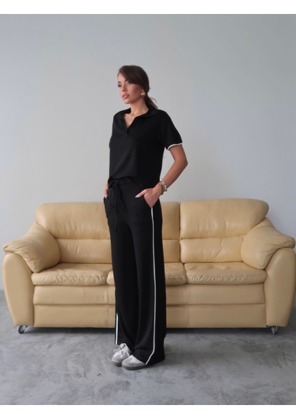 Kadın Maribel Pamuklu Modal Kumaş Polo Yaka Bluz-Pantolon Ikili Alt-Üst Takım, 4 Mevsim Günlük Takım