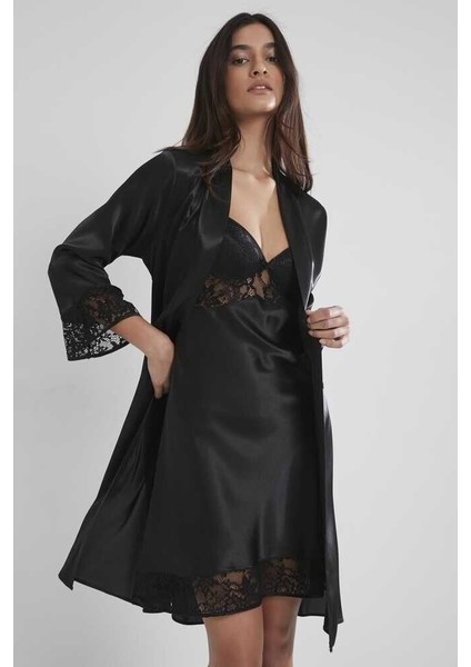 Siyah 2li Balensiz Kaplı Gecelik Sabahlık 4075