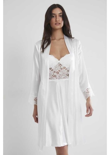 Ekru Sütyen Kaplı Sabahlık Gecelik Set 4265