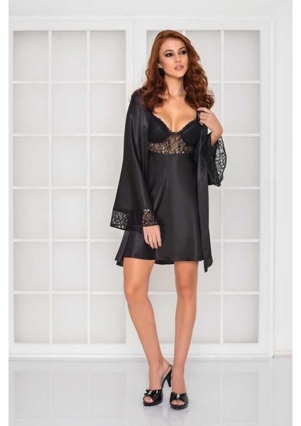 Midi Dantel Sabahlık Gecelik Set 4090 Siyah