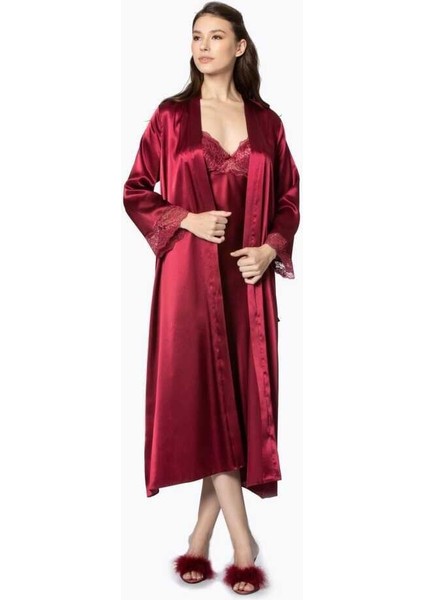 Bordo Uzun Saten Sabahlık Gecelik Set 4370 fiyatları