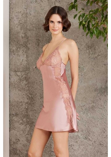 Saten Dantelli Gecelik Sabahlık Takım 4438 Brndy modelleri