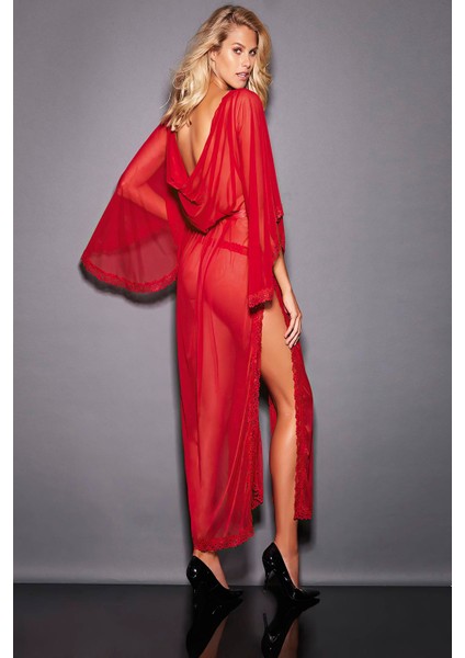Kırmızı Dantel Işlemeli Yırtmaçlı Tül Uzun Fantezi Gecelik fiyatları