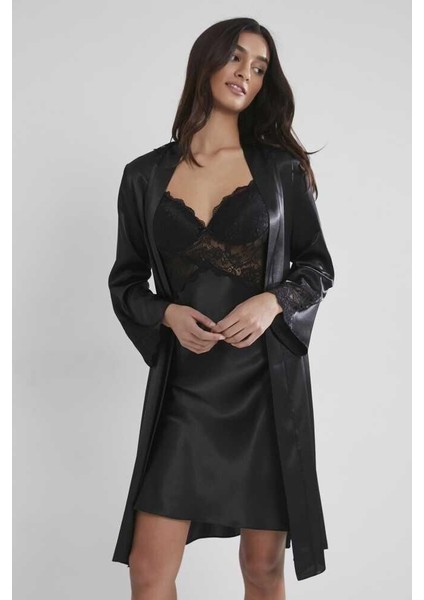 Sütyen Kaplı Sabahlık Gecelik Set 4050 Siyah