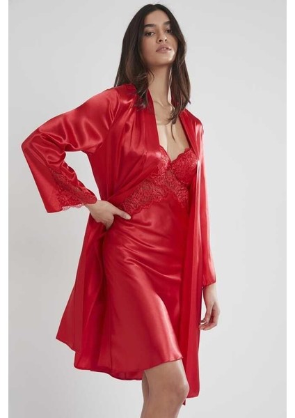 Sütyen Kaplı Sabahlık Gecelik Set 4050 Kırmızı