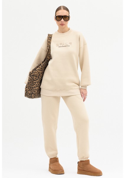 Kadın Space Baskılı Bisiklet Yaka Paçası Lastikli Oversize Eşofman Takımı