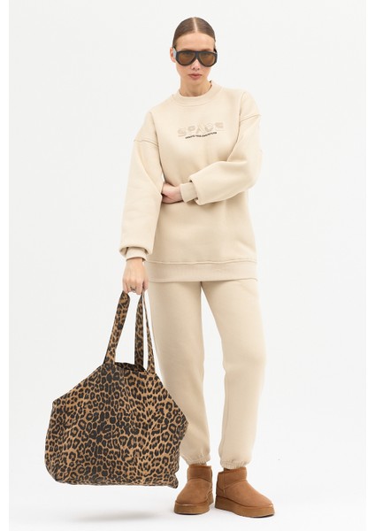 Kadın Space Baskılı Bisiklet Yaka Paçası Lastikli Oversize Eşofman Takımı fiyatları