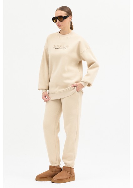 Kadın Space Baskılı Bisiklet Yaka Paçası Lastikli Oversize Eşofman Takımı modelleri