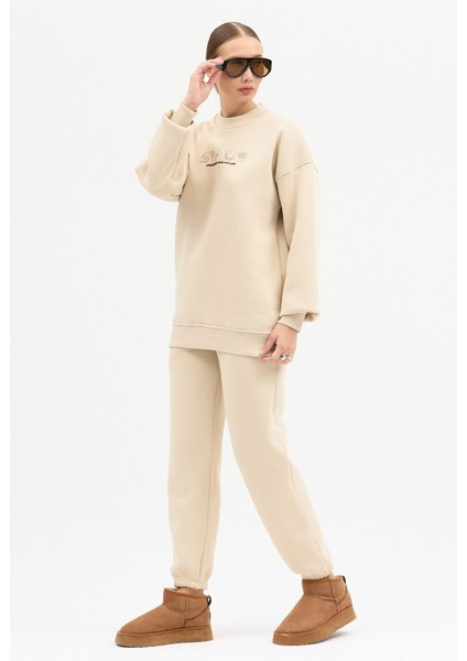 Kadın Space Baskılı Bisiklet Yaka Paçası Lastikli Oversize Eşofman Takımı fırsatları