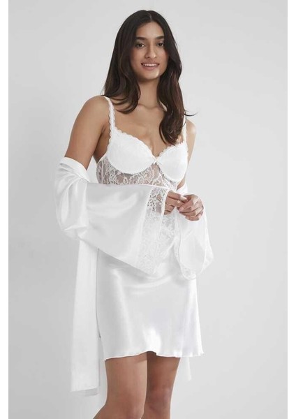 Midi Dantel Sabahlık Gecelik Set 4090 Ekru