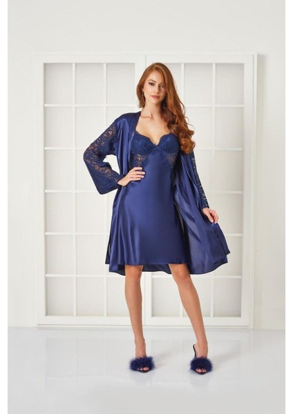 Sütyen Kaplı Sabahlık Gecelik 4025 Lacivert