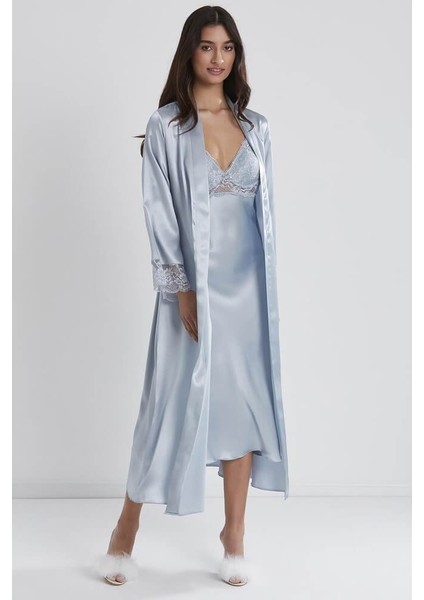 Uzun Saten Sabahlık Gecelik Set 4370 Mist
