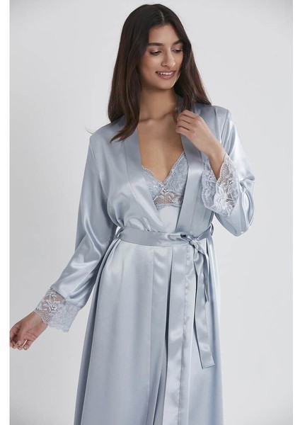 Uzun Saten Sabahlık Gecelik Set 4370 Mist modelleri