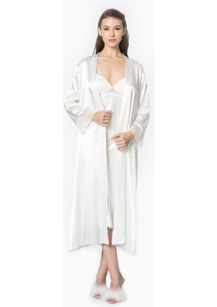 Ekru Uzun Saten Sabahlık Gecelik Set 4370