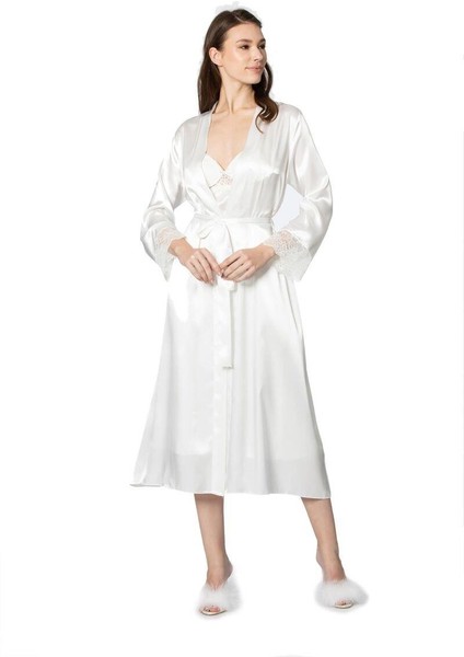 Ekru Uzun Saten Sabahlık Gecelik Set 4370 fiyatları