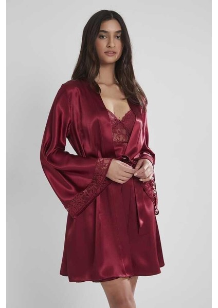 Midi Dantel Sabahlık Gecelik Set 4090 Bordo
