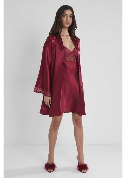 Midi Dantel Sabahlık Gecelik Set 4090 Bordo fiyatları