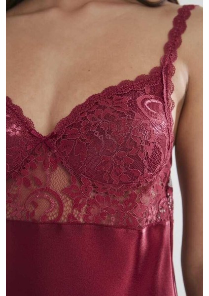 Midi Dantel Sabahlık Gecelik Set 4090 Bordo modelleri