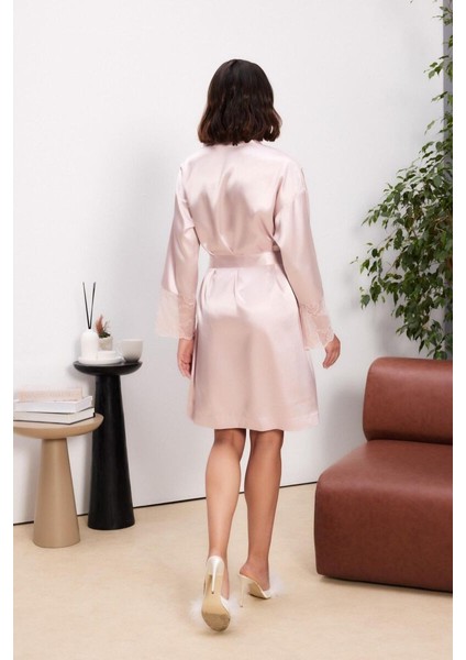 Pudra Saten Dantelli Kadın Gecelik Sabahlık Takımı 4510 modelleri