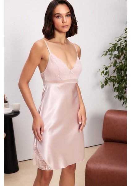 Pudra Saten Dantelli Kadın Gecelik Sabahlık Takımı 4510 fırsatları