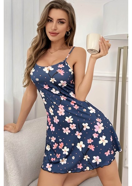 Lesca Çiçek Desenli Mavi Askılı Gecelik modelleri