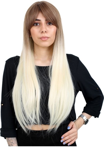 Fiber Sentetik Uzun Düz Kahküllü Peruk / Kumral / Platin Ombreli