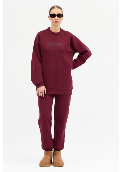 Kadın Space Baskılı Bisiklet Yaka Paçası Lastikli Oversize Eşofman Takımı