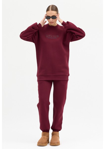 Kadın Space Baskılı Bisiklet Yaka Paçası Lastikli Oversize Eşofman Takımı fiyatları