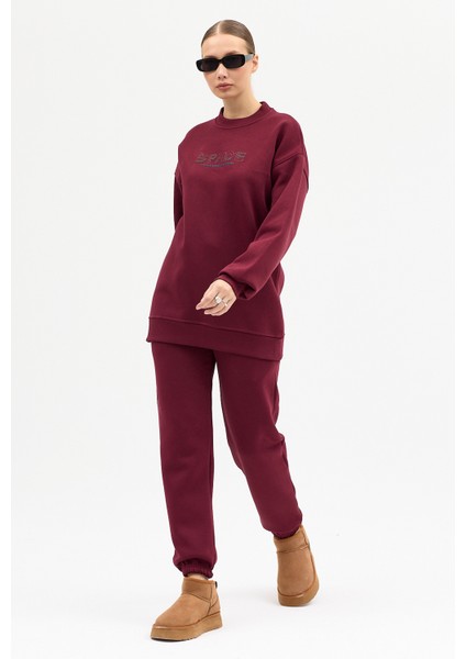 Kadın Space Baskılı Bisiklet Yaka Paçası Lastikli Oversize Eşofman Takımı modelleri