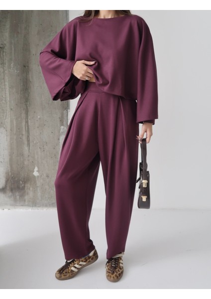 Kadın Lyra Modal Yarasa Kol Bluz- Pileli Şalvar Pantolon Takım, Alt-Üst Takım