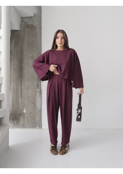 Kadın Lyra Modal Yarasa Kol Bluz- Pileli Şalvar Pantolon Takım, Alt-Üst Takım