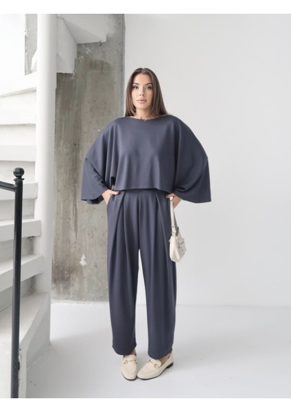 Kadın Lyra Modal Yarasa Kol Bluz- Pileli Şalvar Pantolon Takım, Alt-Üst Takım