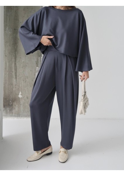 Kadın Lyra Modal Yarasa Kol Bluz- Pileli Şalvar Pantolon Takım, Alt-Üst Takım