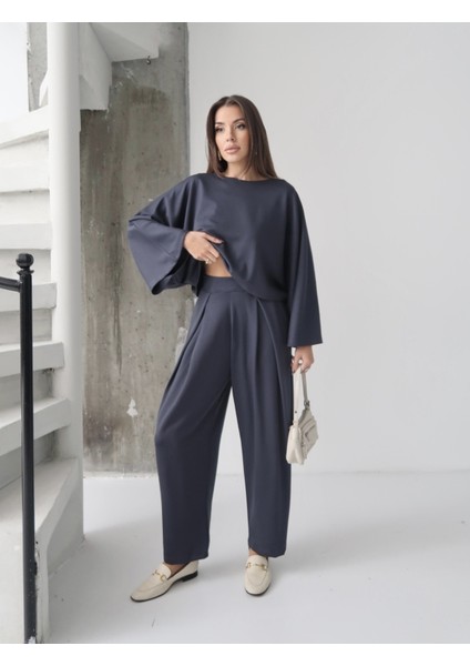 Kadın Lyra Modal Yarasa Kol Bluz- Pileli Şalvar Pantolon Takım, Alt-Üst Takım