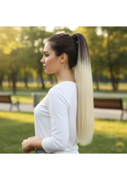 Lastik Tokalı At Kuyruğu Düz / Kumral / Platin Ombre