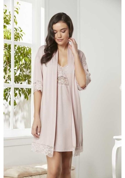 Penye Dantelli Gecelik Sabahlık Takım 4020 Pudra fiyatları