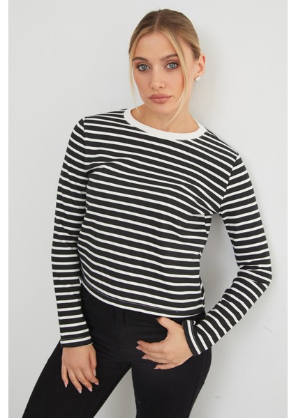 3 Iplik Şardonsuz Çizgili Bisiklet Yaka Sweatshirt