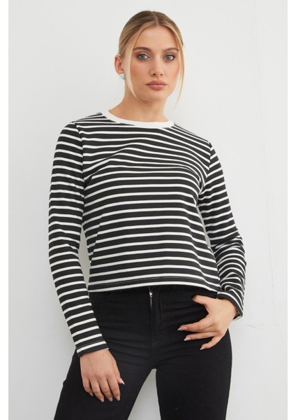 3 Iplik Şardonsuz Çizgili Bisiklet Yaka Sweatshirt modelleri