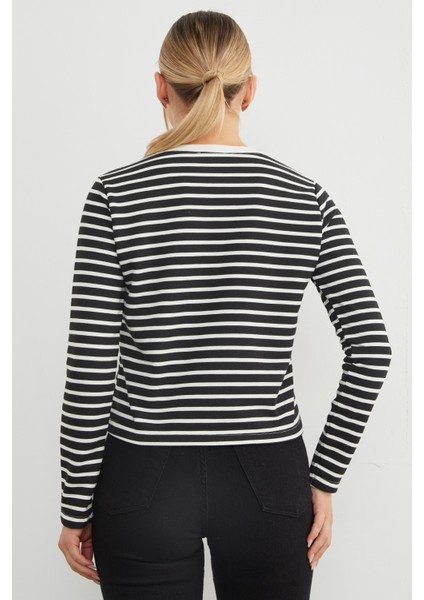 3 Iplik Şardonsuz Çizgili Bisiklet Yaka Sweatshirt