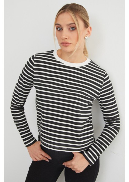 3 Iplik Şardonsuz Çizgili Bisiklet Yaka Sweatshirt