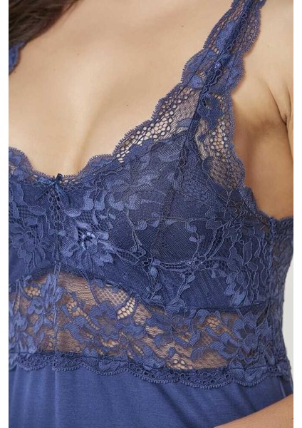 Penye Dantelli Gecelik Sabahlık Takım 4020 Lacivert fiyatları